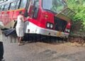 A bus that jumped into a drain!