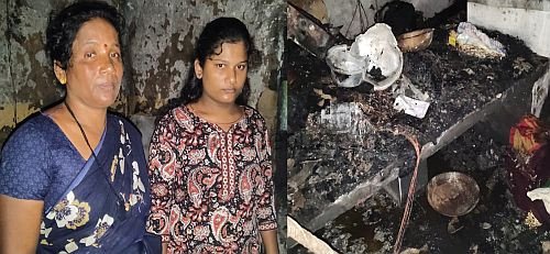 Joida Poor man's house gutted by fire Family continues to live in the charred remains!